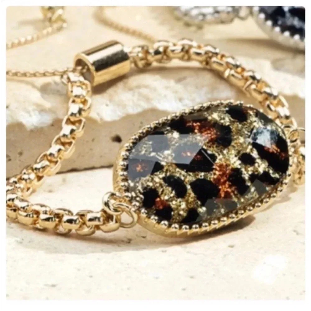 Leopard Print Adjustable Bracelet — Gold Chain Statement Jewelry